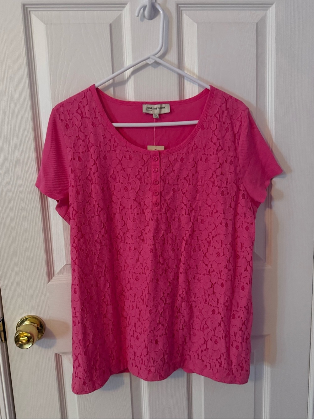 Jones New York Hot Pink Short Sleeve Lace Front-Button Top